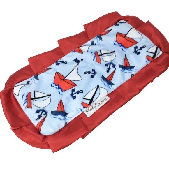 Minky Couture Lovey Security Blanket Sailboat Sailboats Red Satin Plush Soft - Picture 1 of 6